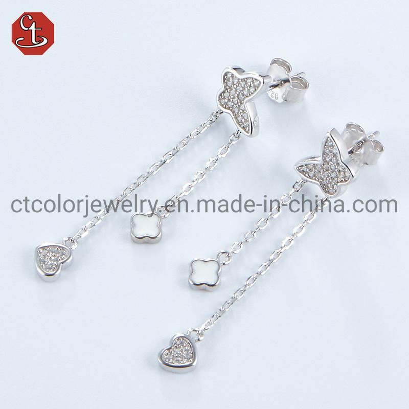 CT COLOR Custom Jewelry 925 Sterling Silver Jewelry Zircon Butterfly Drop Earring for Girls