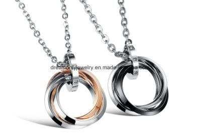 Couple Stainless Steel Ring Drop Pendant Necklace Silver Circle Inlaid Stone