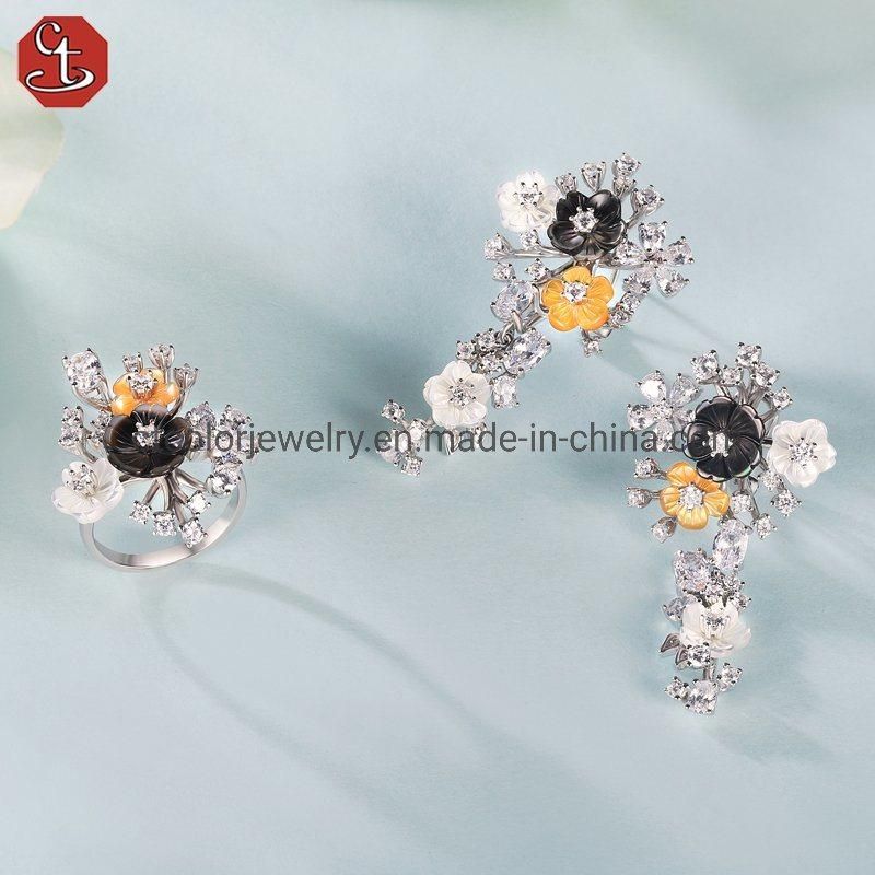 New fashion white CZ MOP flower sterling silver omega earrings