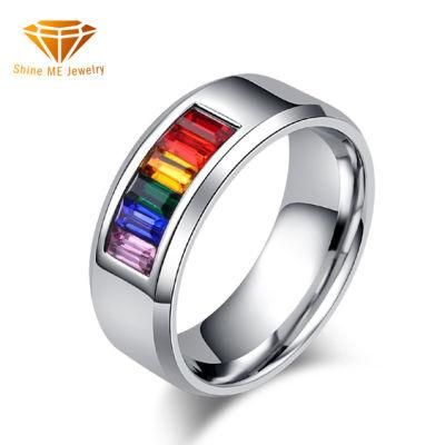 Fashion Jewelry Titanium Steel Gay Lala Ring Rainbow Stones Flag Gay Ring Couple Jewelry Factory Sales SSR2073