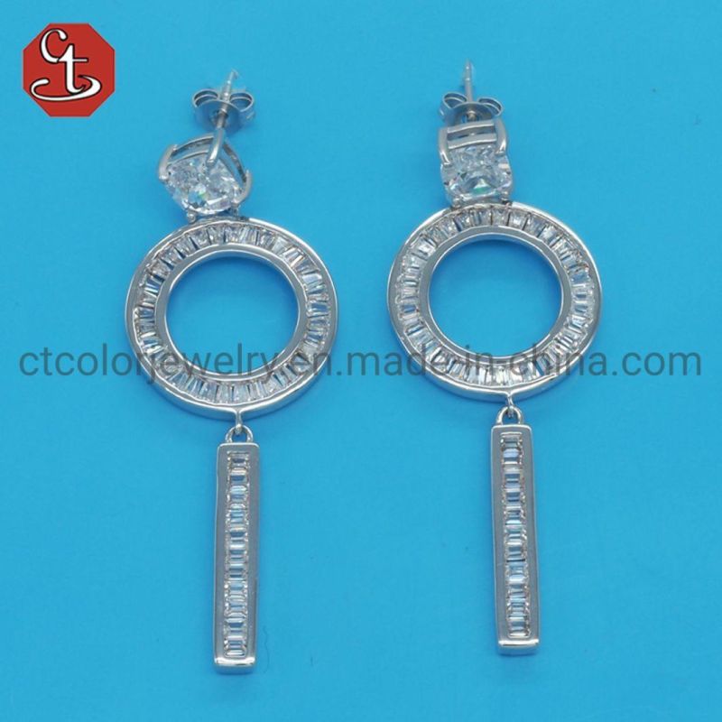 Women Popular Baguette TP CZ Stone SQ Long Brass & Silver Jewelry Earring 