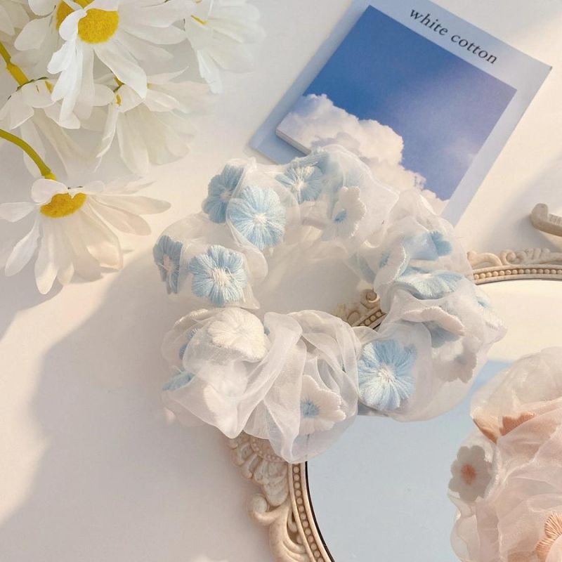 Fashion Hair Accessories Embroidered Floral Hair Rings Organza Hair Rope