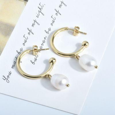 18K Gold Plated Stainless Steel Pearls Pendant C Shape Earrings Fresh Water Pearl Dangle Drop Open Hoop Stud Earring for Women