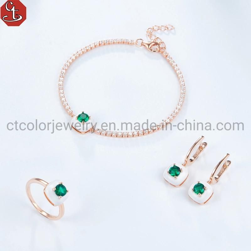 Rose Gold Jewelry Wholesale Necklace Green Crystal white enamel Jewelry cz tennis Set For her