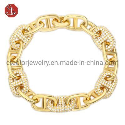 Best jewellery online 14K Gold plated Serial buckle Hiphop big CZ pave plain accessory interlink Brass silver Jewelry man Bracelet