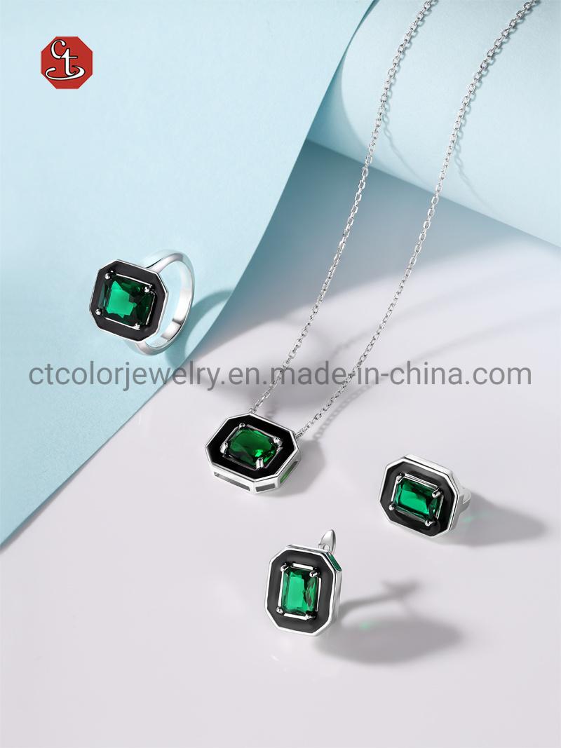 925 Sterling Silver Jewelry Emerald CZ Stones Black Enamel Pendant Necklace