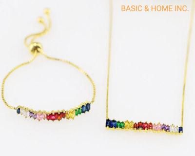 Colorful Stone Necklace of 18K Gold Plated Emerald-Cut Multi Color Created-Gemstone Eternity Necklace