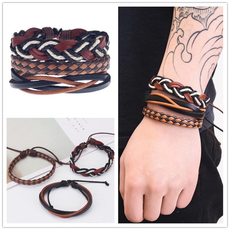 3 Pieces Leather Cuff Bracelet for Men and Women Punk Rock Braided Bracelet Via Brown Black Wristband Handmade Jewelry