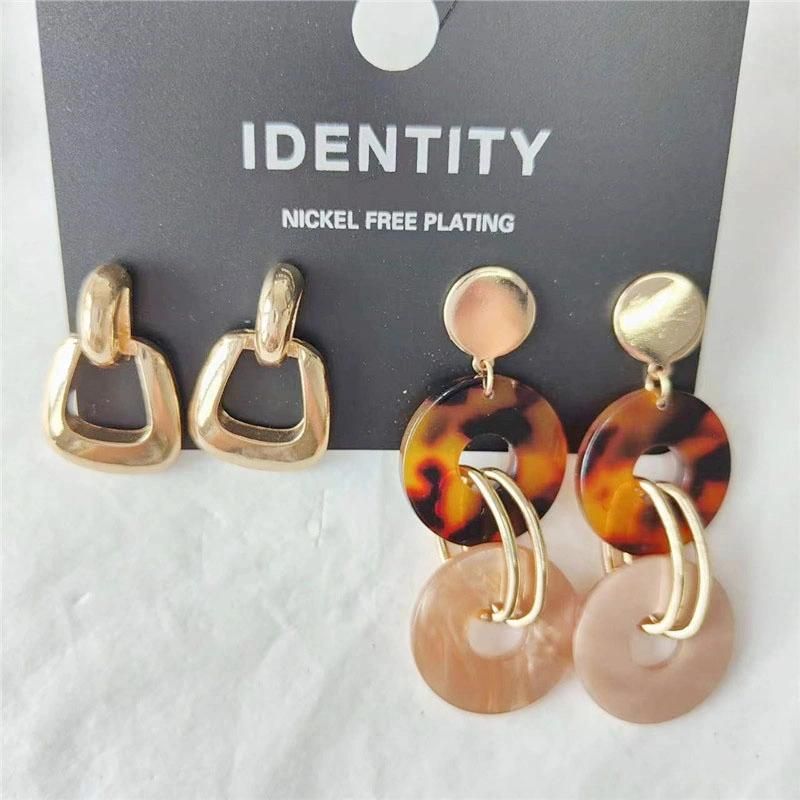 2pack Resin Perspex Long Drop and Smooth Alloy Trapezoidal Stud Multiple Earrings in 18K Gold Plated