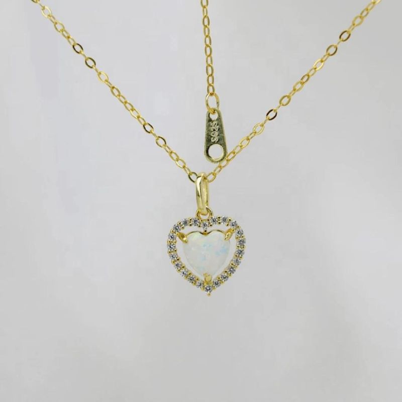 925 Silver Jewelry Opal Stone Heart Pendant Necklace Women Zircon Light Luxury Wedding 14K Gold Plated Jewelry