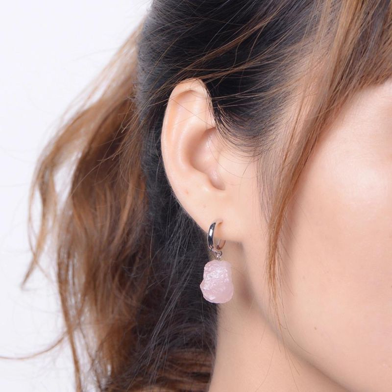 Fashion 925 Sterling Silver Natural Gems Stone Rose Quartz Stud Earrings