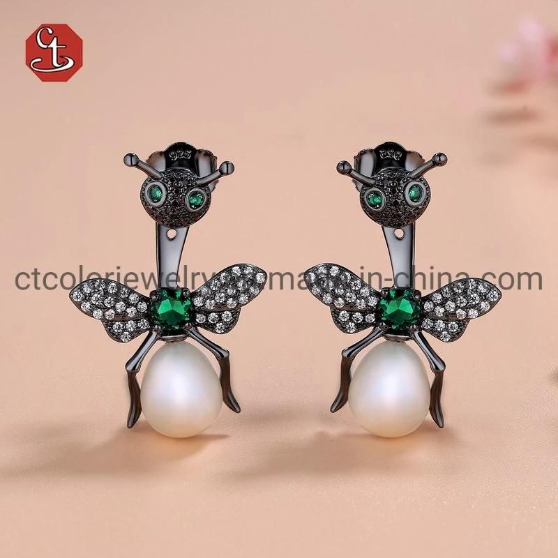 925 Silver Natural Freshwater Pearl Black Plated Ants Shape Emerald Animals Jewelry Earrings