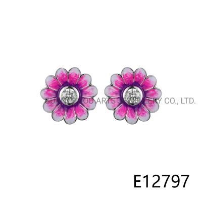 Cute Enamel Chrysanthemum Flower for Happiness 925 Silver Stud Earring