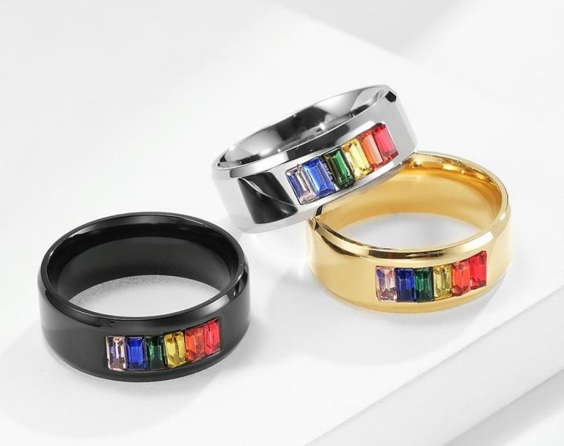 Fashion Jewelry Titanium Steel Gay Lala Ring Rainbow Stones Flag Gay Ring Couple Jewelry Factory Sales SSR2073