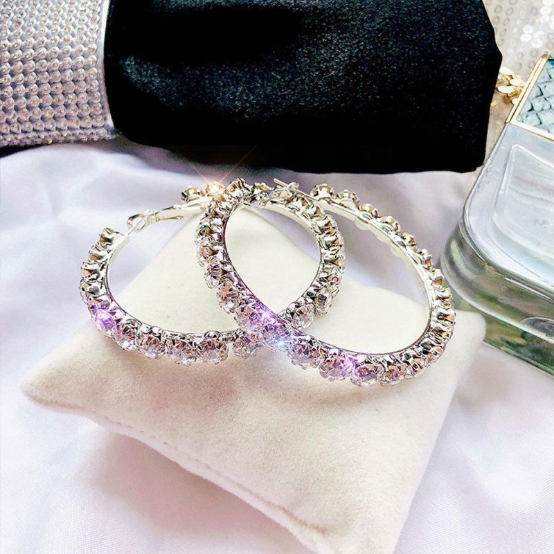 925 Sterling Silver Post 5.5cm Big Circle Shiny CZ Crystal Hoop Earrings Rhinestone Hoop Earrings