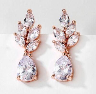 Bridal Pear CZ Earring Jewelry, Wedding Pear CZ Earring Necklace Jewelry, Rose Gold Earring