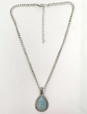 Antique Silver Retro Style Fashion Statement Teardrop Dangles Bib Necklace with Flat Curb Chain for Women