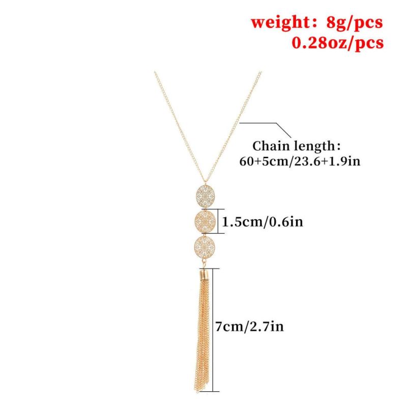 Retro Fashion Jewelry Alloy Gold Plated Geometric Round Piece Long Necklace with Tassel Pendant