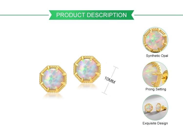 New Stylish Octagon Shape Stud Earrings Custom Yellow Gold Plating Synthetic Opal Stone Earrings