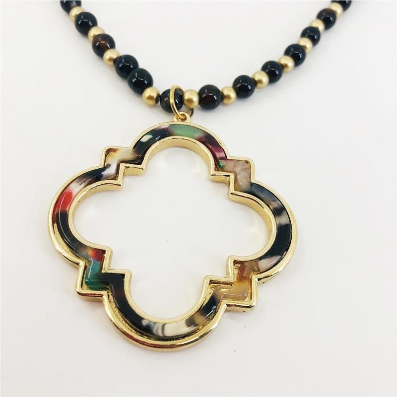 Fashion Accessories Ethnic Gold Plated Long Beads Necklace with Resin Rhombus Pendant