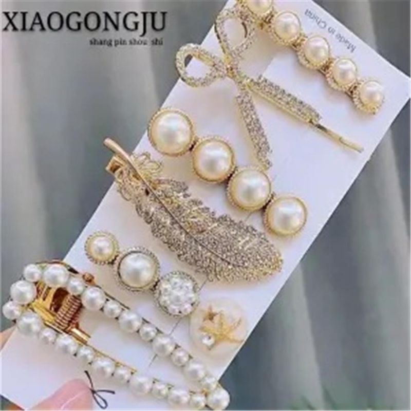 Net Red Hot Style Scissors Pearl Feather Six-Piece Hair Clip, Bear Girl Side Clip, Word Clip Duckbill Clip Hair Accessory