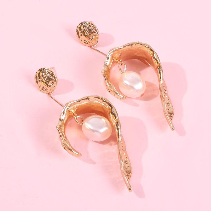 Gold Plated Geometric C Shape Alloy Earrings with Pearls Charm