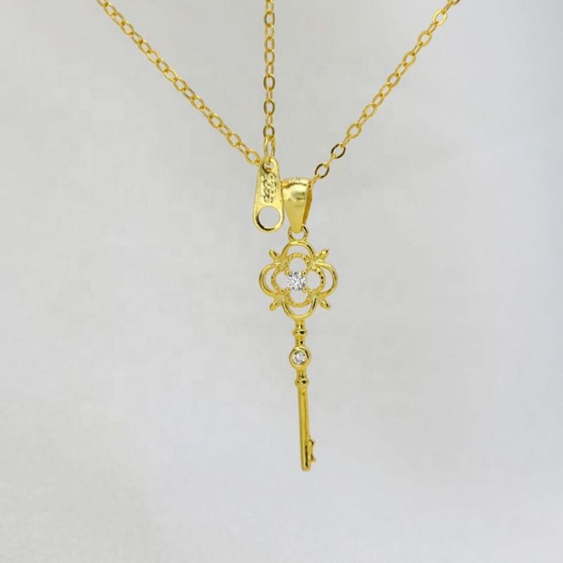 925 Sterling Silver Zircon Vintage Key Pendant 14K Gold Plated Necklace Women Fashion Jewelry
