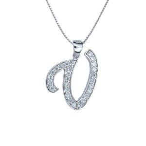 Sterling Silver Alphabetic Letter V Shaped White CZ Pendant (311412)