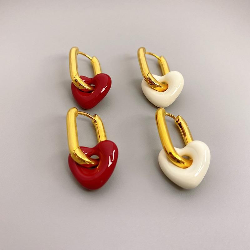 Gold U-Shaped Earrings with Enamel Glazed Peach Heart Earring