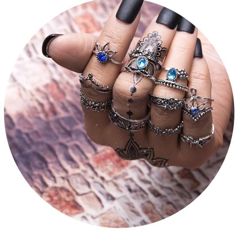 13PCS Women Jewelry Vintage Geometric Flower Crystal Ring Knuckle Rings