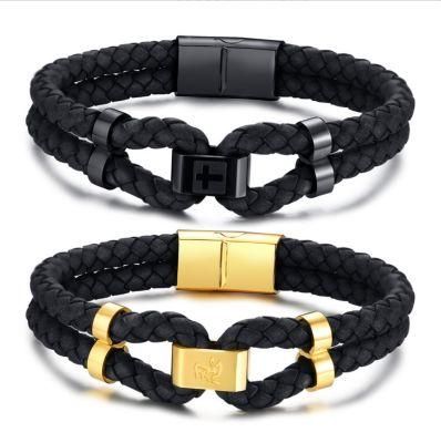 European and American Fashion Men&rsquor; S Jewelry, Titanium Steel Double Leather Bracelets, Black Men&rsquor; S Cross Symbol Bracelet