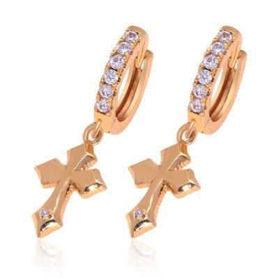 Brass 18K Gold Zircon Cross Hanging Drop Earring