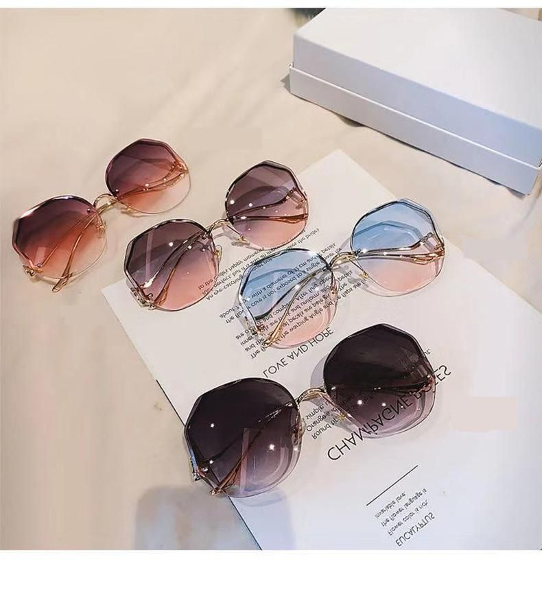 Retro Glasses Polygon Sunglasses Rimless Trim Sunglasses Female Personality Curve Mirror Legs Sunglasses Men Gradient Color Cross-Border Glasses