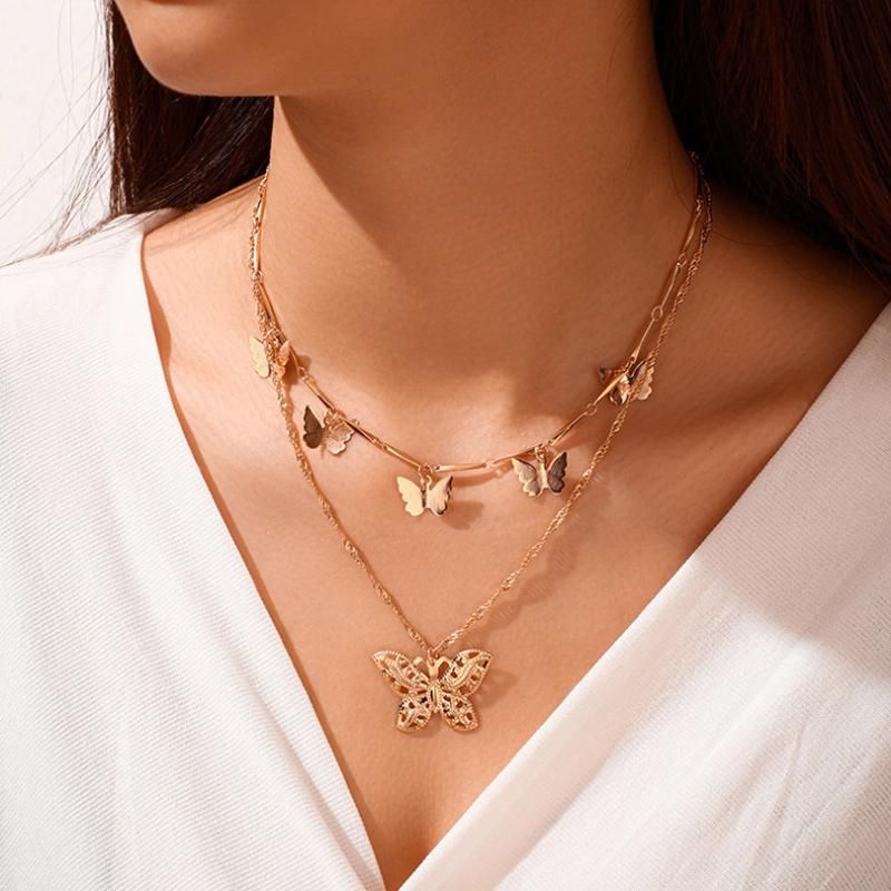 Vintage Multilayer Butterfly Pendant Necklace Fashion Accessories Women Gift Jewelry