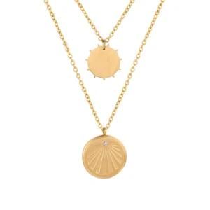 Women Fashion Stainless Steel Double Round Circle Charm Sun and Coin Necklace