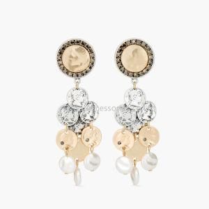 Trendy Round Shape Pearl Long Stud Earrings with Crystal Elegant Alloy Gold Plated Jewelry for Women