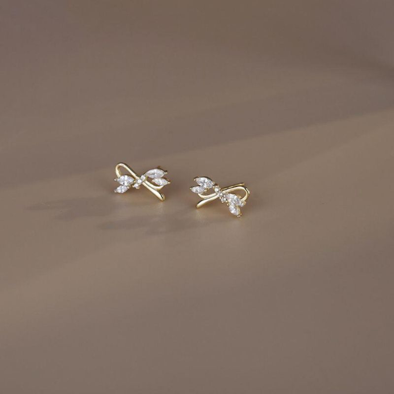 Real 925 Sterling Silver Hollow Bowknot with Oval Zircon Shiny Stud Earrings for Women Sweet Girls Jewelry Gift