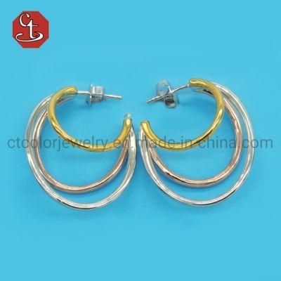 triple plain line hoop earring three tones plating multi color earring Silver or Brass Fashion Jewelry