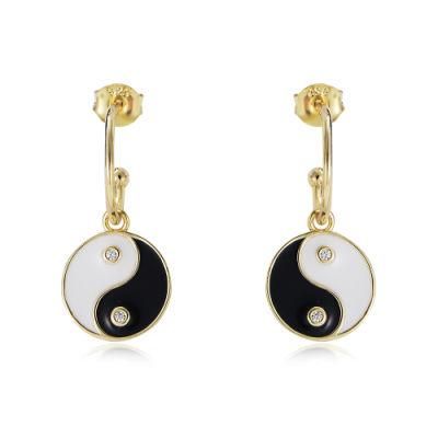 Manufacturer Dangle Round Chinese Style Tai Chi Gold Plated Cuff Black White Enamel Culture Earring