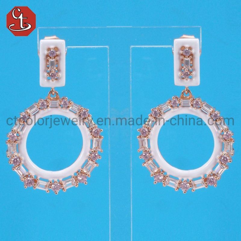 Women Round White Blue Turquoise Color Enamel White CZ Earrings Fashion Jewelry