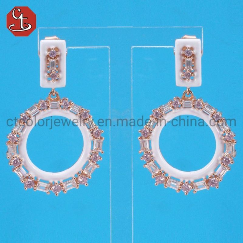 Women Round White Blue Turquoise Color Enamel White CZ Earrings Fashion Jewelry