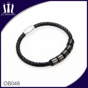 Magentic Clasp Black Genuine Learther Rope Chain Bracelet with Stainless Tube