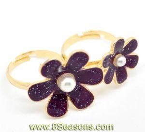 Gold Plated Enamel Violet Flower Adjustable Two Fingers Double Rings 18.3mm Us 8 (B18758)