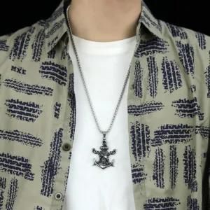 Stainless Steel Pirate Skull Anchor Pendant Necklace