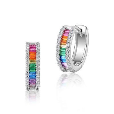 Fashion Rainbow Jewelry Custom CZ Huggie Silver Hoop Earrings Women