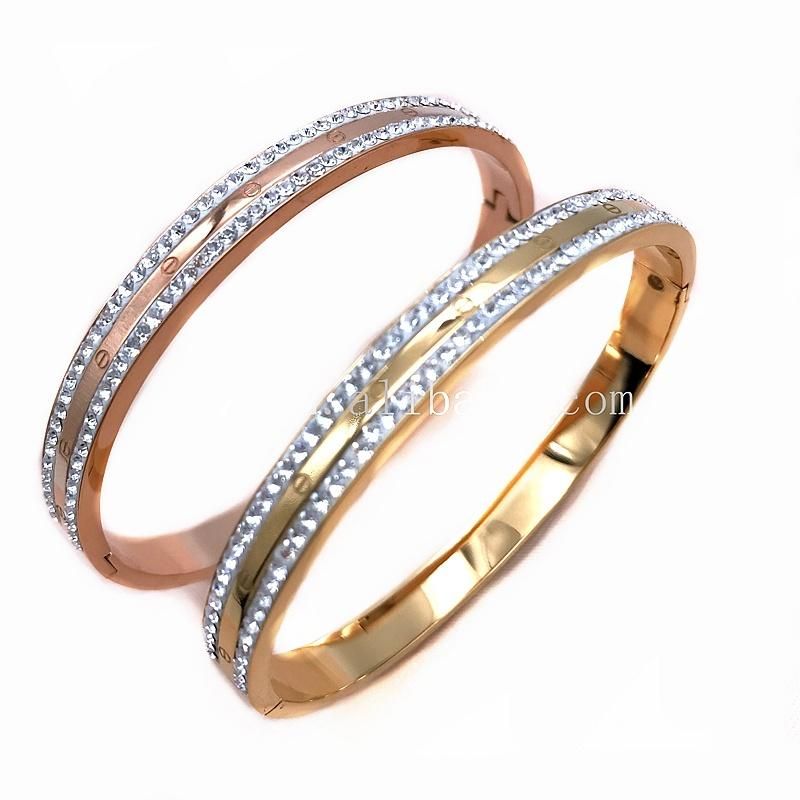 High-End 18K Bracelet Stainless Steel Bracelet Double Row Zircon Inlaid with Gold-Plated Rose Gold Jewelry for Women