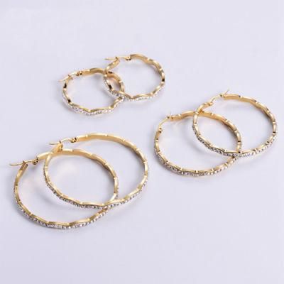 Custom Stainless Steel Trendy Big Diamond Wavy Hooped Earrings 18K Ggold Plated Large Earring for Women