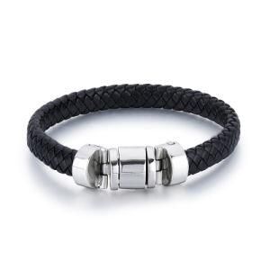 Modern Design Men Jewelry Punk Style Black Braided Stainless Steel Clasp Leather Bracelet