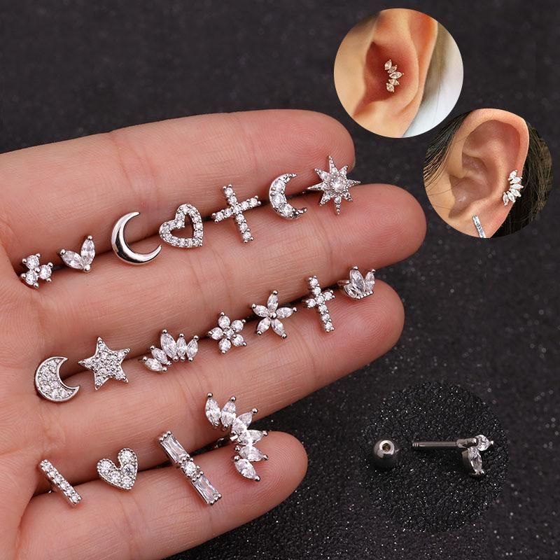 Stainless Steel Bar Micro Zircon Crown Ear Nail Screw Ball Fashion Earrings European American Piercing Jewellery