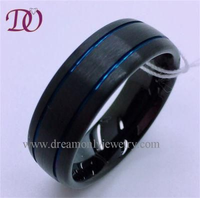 Black Tungsten Ring with Blue Groove